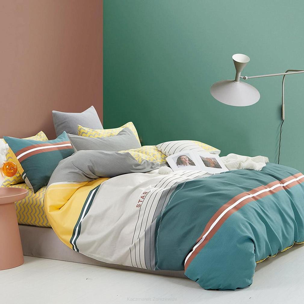 Pościel satynowa 140x200 zielona szara żółta ruda w pasy