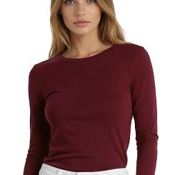 Prążkowana koszulka damska z wiskozy z długim rękawem Irma bordowa