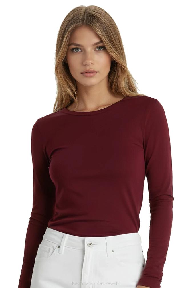 Prążkowana koszulka damska z wiskozy z długim rękawem Irma bordowa