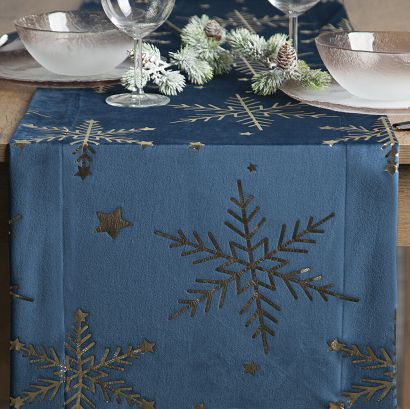 Bieżnik świąteczny 40x140 Eurofirany welwetowy granatowy w złociste śnieżynki