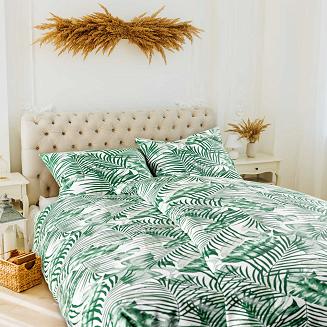 Pościel flanelowa JUNGLE 160x200 biała zielone liście palmy
