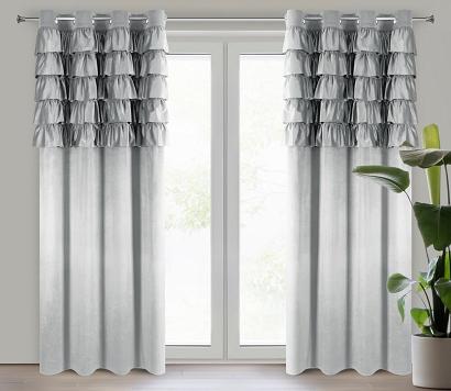 Zasłona gotowa na przelotkach AURA 140x250 Eurofirany welwetowa srebrna falbany