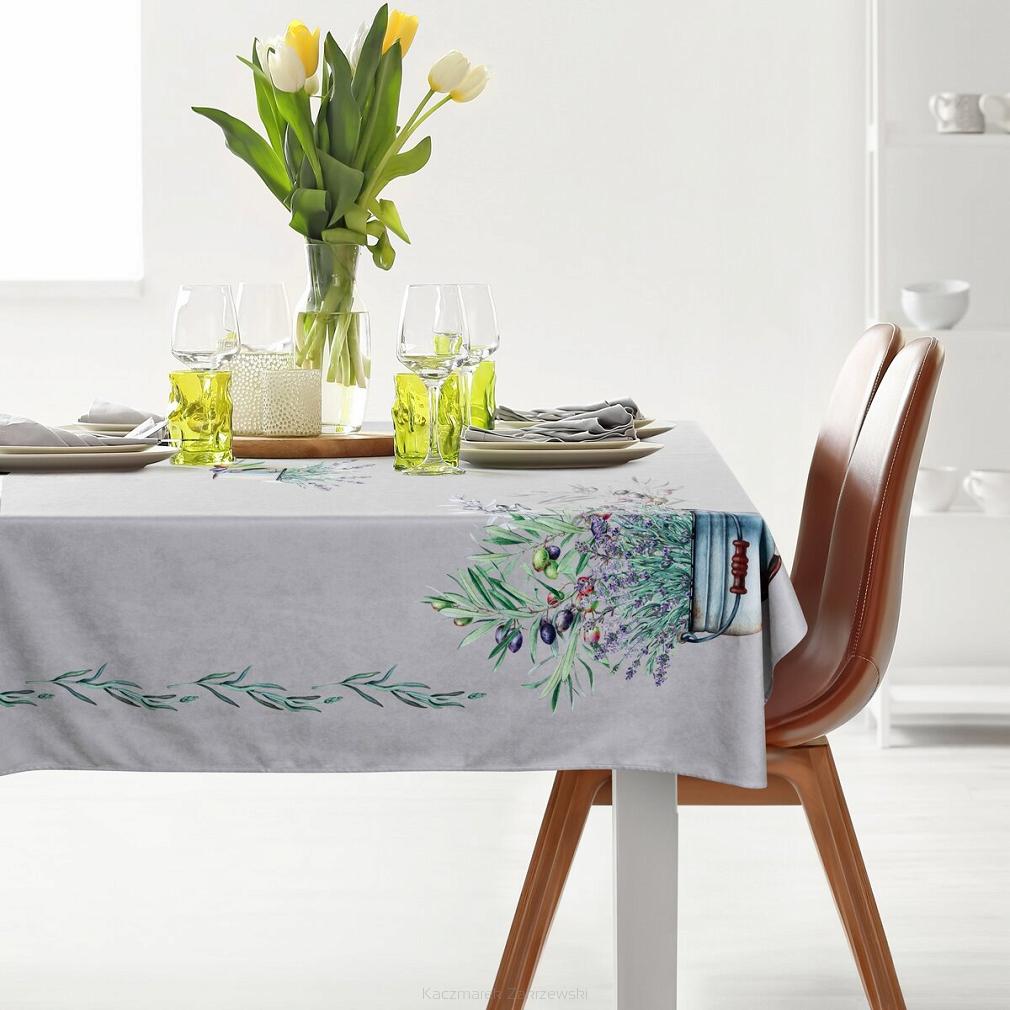 Obrus dekoracyjny SUMMER1 140x180 Eurofirany jasnoszary fioletowy lawendowy bukiet