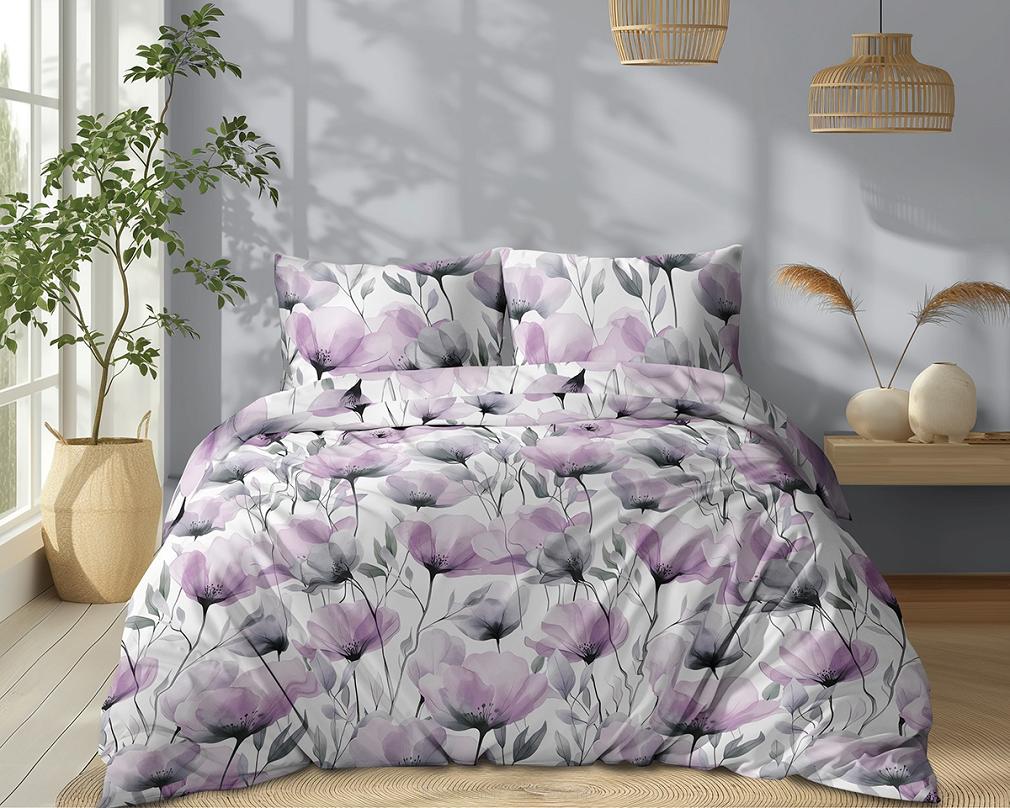 Pościel bawełniana 180x200 Detexpol biała różowe szare maki