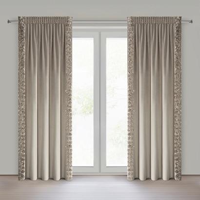 Zasłona gotowa na taśmie ROSES 140x270 Eva Minge Eurofirany beżowa z pasami ozdobnych róż po bokach