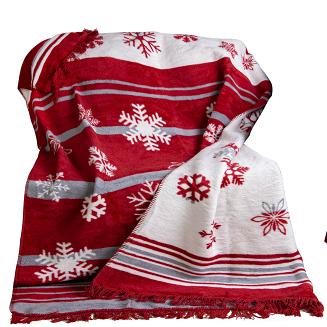 Koc bawełniano-akrylowy 150x200 świąteczny czerwony biały w płatki śniegu