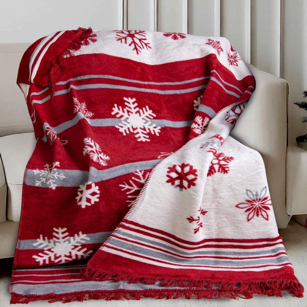 Koc bawełniano-akrylowy 150x200 świąteczny czerwony biały w płatki śniegu