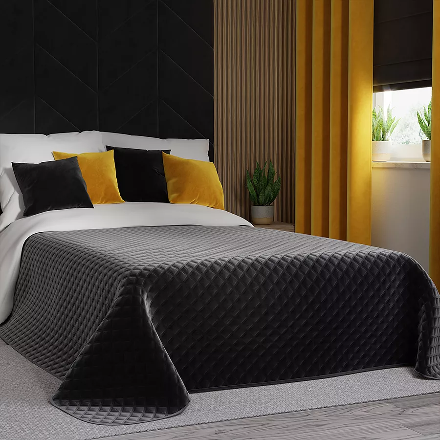 Narzuta dekoracyjna VELVI 220x240 pikowana w geometryczny wzór czarna