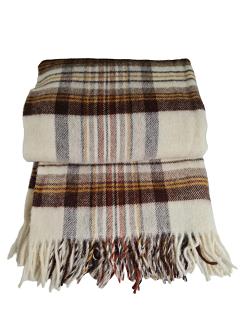 Koc wełniany z frędzlami 150x200 wełna nowozelandzka krata brązowa beżowa