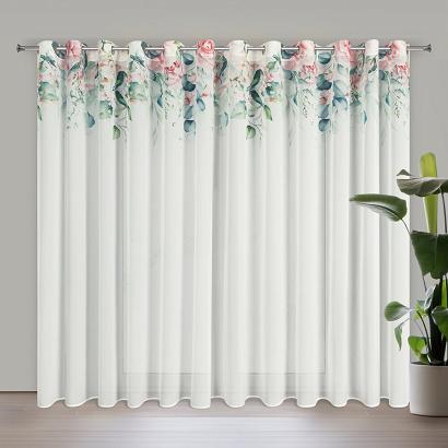 Zasłona gotowa na przelotkach ALORA 350x250 Eurofirany biała różowa z tkaniny szyfonowej z nadrukiem