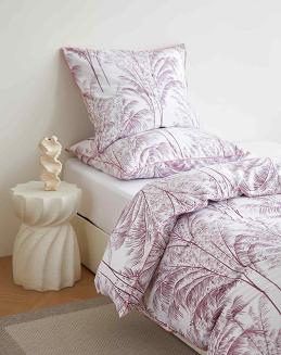 Biała Pościel Vintage z Nadrukiem Satyna Bawełniana 160x200 z Pudrową Lamówką Biza