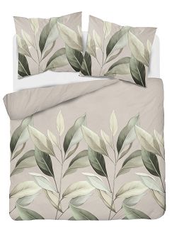 Pościel satynowa 160x200 Detexpol beżowa zielone kremowe gałązki liście