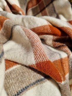 Koc wełniany z frędzlami 150x200 wełna nowozelandzka krata terakota beżowy ekri