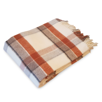 Koc wełniany z frędzlami 150x200 wełna nowozelandzka krata terakota beżowy ekri