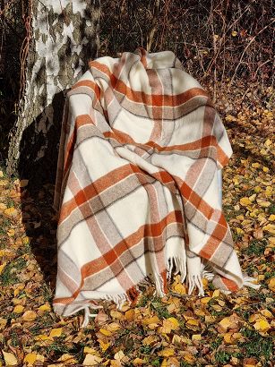 Koc wełniany z frędzlami 150x200 wełna nowozelandzka krata terakota beżowy ekri