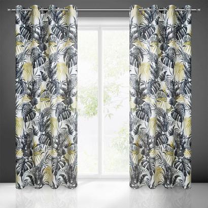 Zasłona gotowa na przelotkach NELLY 140x250 Eurofirany biała szara z nadrukiem egzotycznych liści