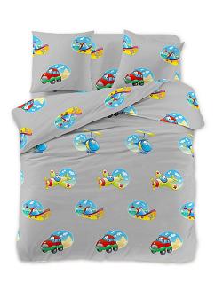 Komplet pościeli dwustronnej 140x200 szara autka łódki samoloty