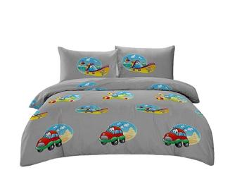 Komplet pościeli dwustronnej 140x200 szara autka łódki samoloty