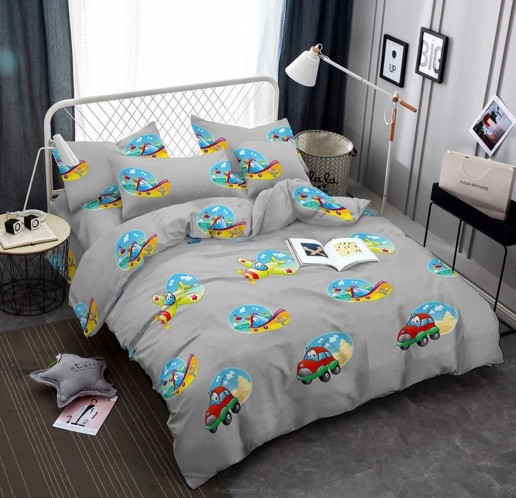 Komplet pościeli dwustronnej 140x200 szara autka łódki samoloty