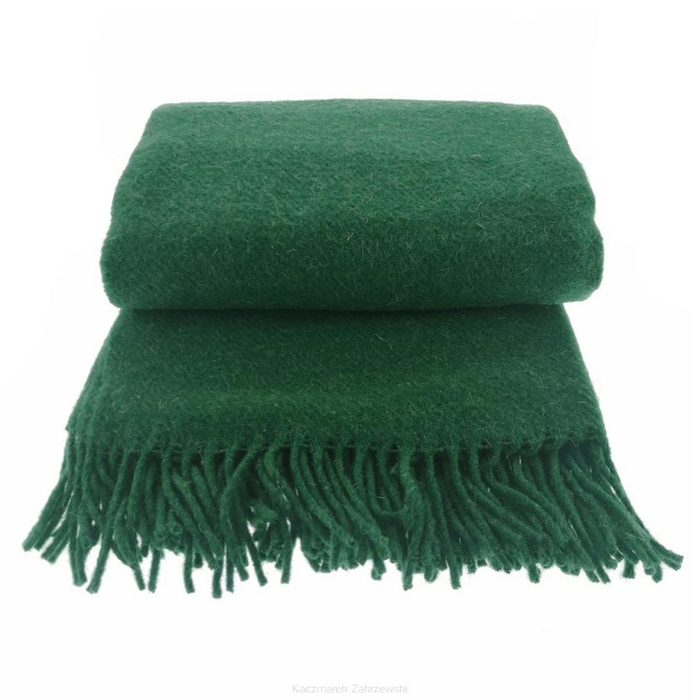 Koc wełniany z frędzlami 140x200 SOLO wełna nowozelandzka butelkowy zielony