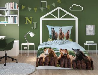 Pościel dla dzieci 140x200 młodzieżowa szara błękitna trzy konie