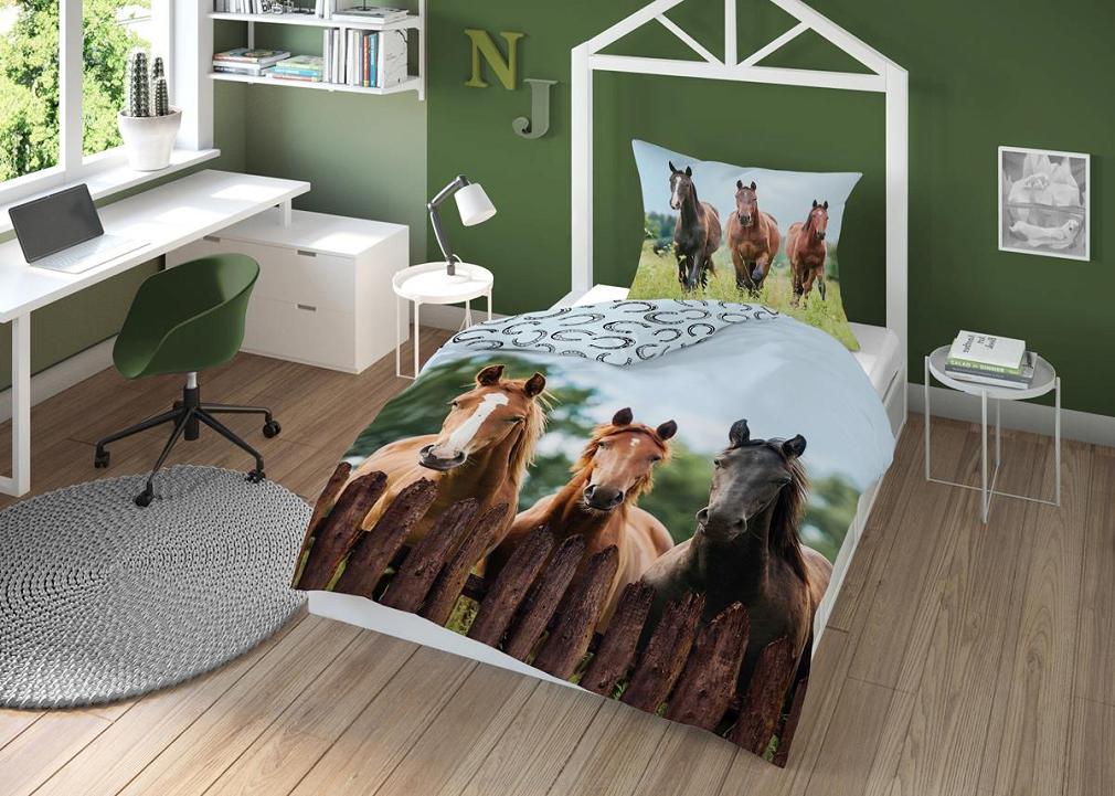 Pościel dla dzieci 140x200 młodzieżowa szara błękitna trzy konie