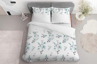 Pościel satynowa 200x220 biała w turkusowe szare kwiaty