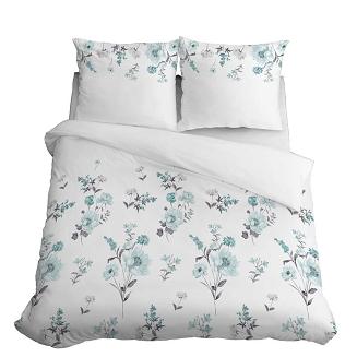 Pościel satynowa 200x220 biała w turkusowe szare kwiaty