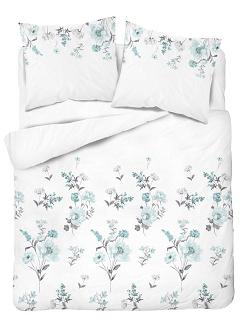 Pościel satynowa 200x220 biała w turkusowe szare kwiaty