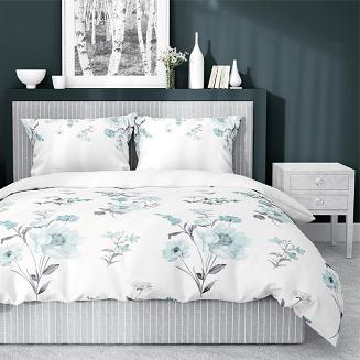 Pościel satynowa 200x220 biała w turkusowe szare kwiaty