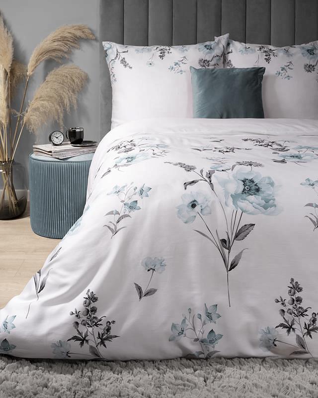 Pościel satynowa 200x220 biała w turkusowe szare kwiaty