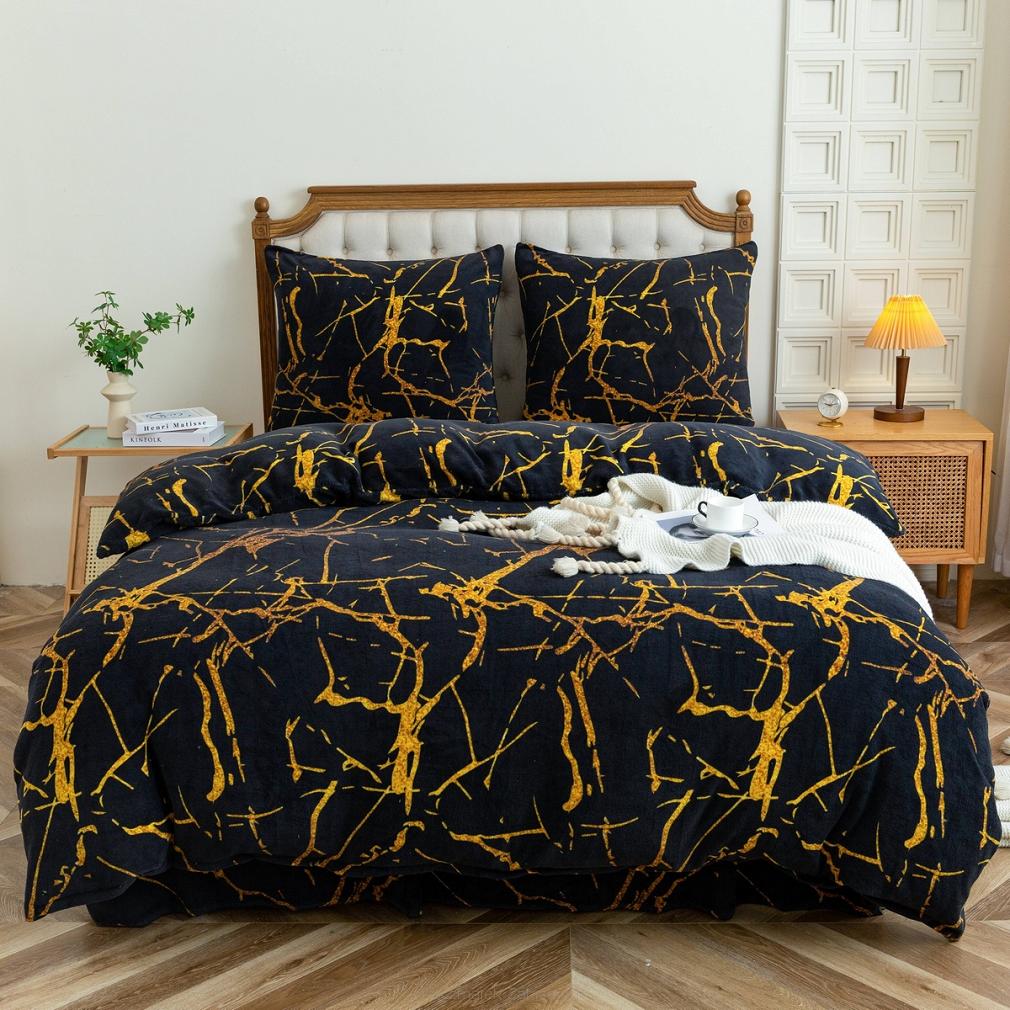 Pościel polarowa 220x200 welur czarna złota marmurek