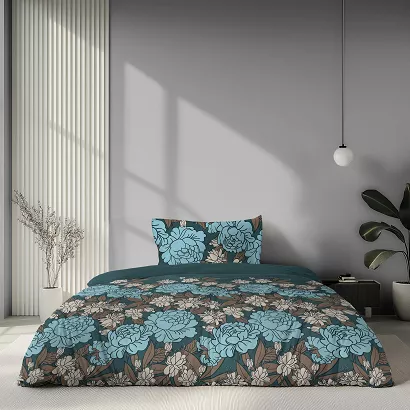 Pościel satynowa Home Satin 140x200 turkusowa w błękitne i beżowe piwonie
