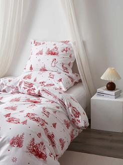 Biała Pościel Świąteczna Satyna Bawełniana z Nadrukiem 220x200 Laponia