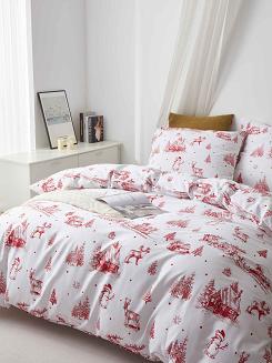 Biała Pościel Świąteczna Satyna Bawełniana z Nadrukiem 220x200 Laponia