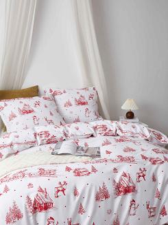 Biała Pościel Świąteczna Satyna Bawełniana z Nadrukiem 220x200 Laponia