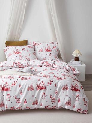 Pościel świąteczna satyna bawełniana LAPONIA 220x200 biała czerwona zimowy krajobraz