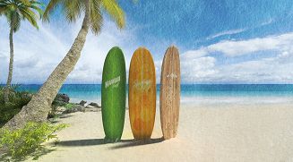 Ręcznik plażowy 100x180 wielokolorowy deski surfingowe na plaży