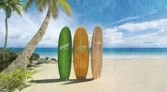 Ręcznik plażowy 100x180 wielokolorowy deski surfingowe na plaży