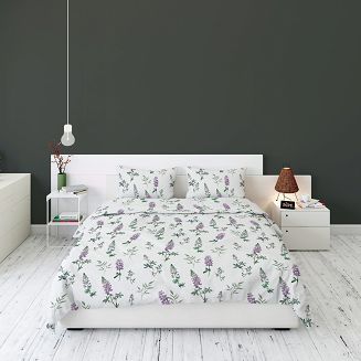 Pościel flanelowa 160x200 biała fioletowe kwiaty łubinu