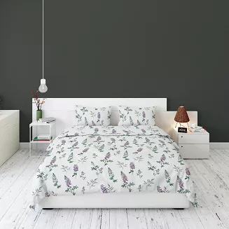 Pościel flanelowa 160x200 biała fioletowe kwiaty łubinu