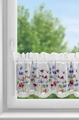Firana gotowa zazdrostkka NORA 150x30 Eurofirany biała czerwona niebieska w kwiaty