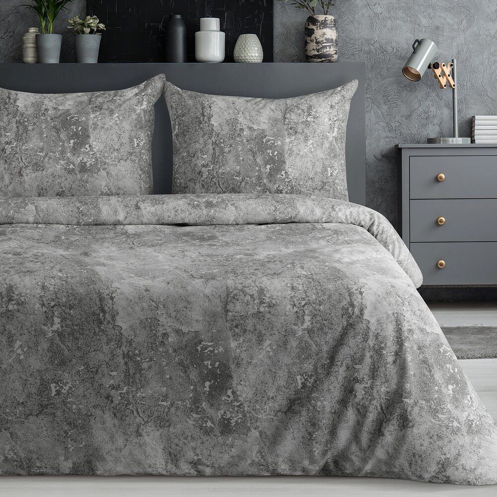 Pościel satynowa SPRING 160x200 Eurofirany srebrna stalowa wzór a'la marmurek