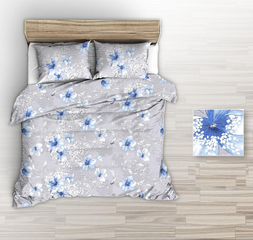 Pościel z kory 160x200 szara duże niebieskie rysowane kwiaty