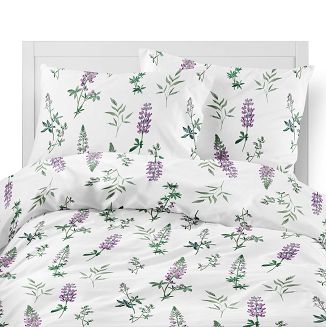 Pościel flanelowa 220x200 biała fioletowe kwiaty łubinu