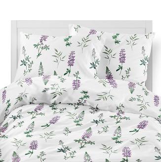 Pościel flanelowa 220x200 biała fioletowe kwiaty łubinu