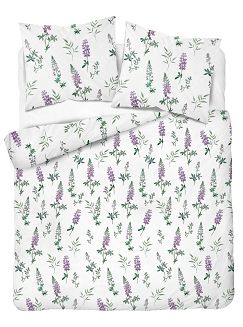 Pościel flanelowa 220x200 biała fioletowe kwiaty łubinu