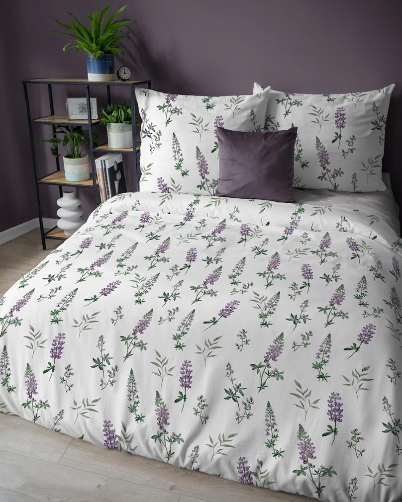 Pościel flanelowa 220x200 biała fioletowe kwiaty łubinu