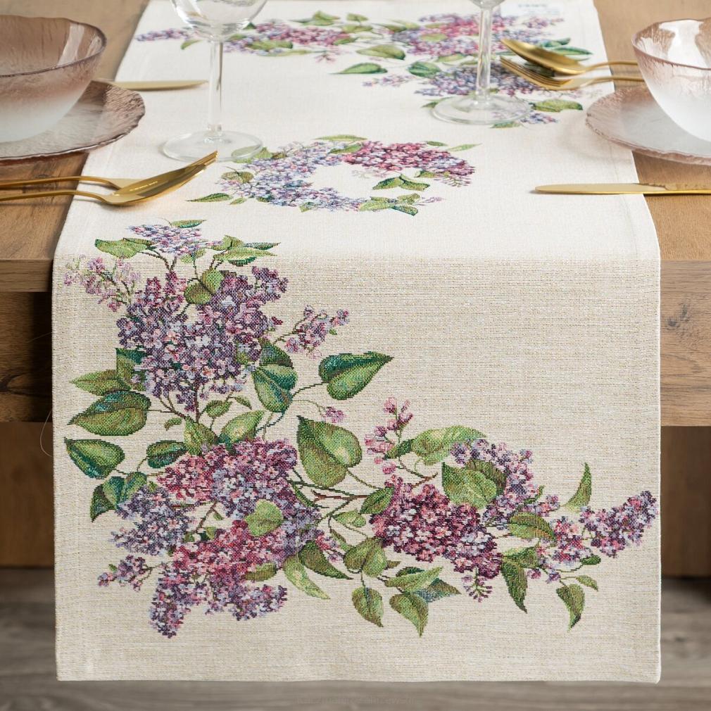 Obrus dekoracyjny gobelin 40x100 Eurofirany naturalny fioletowy kwiaty bzu lilak
