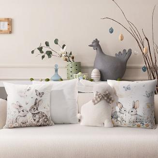 Poduszka dekoracyjna WIOSNA 27x40 Eurofirany jasnobeżowy królik z kokardą